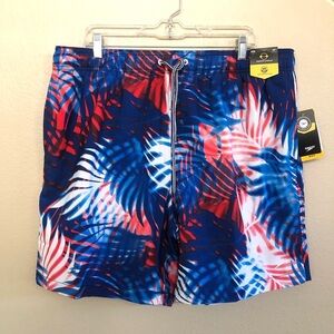 Speedo Men' 7.5" Volley Ghot Palm Swim Trunk Blue/White/Red Plus Size XXL